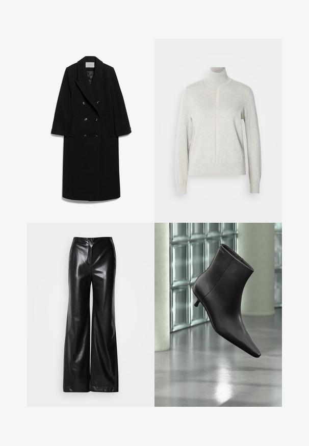 IVY OAK IOCLEMENCE - Klassisk frakke - black; Lys grå sweater med høj krave og kvart lynlås. Lavet af et blødt, struktureret materiale, der har lange ærmer og en tætsiddende kant.; Sorte læder bukser med bred ben, glat tekstur, høj talje og skjult lynlås foran. Skræddersyet pasform med en ren finish.; Sort læderankelstøvle med spids tå og lille hæl vist mod en væg af glasblokke og poleret gulv baggrund.