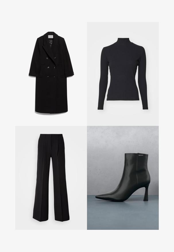 IVY OAK IOCLEMENCE - Klassisk frakke - black; Sort ribbet turtle-sweater med lange ærmer. Lavet af strækbart stof med en tætsiddende pasform og høj krave. Enkel design uden udsmykninger.; Sorte bukser lavet af glat stof, med høj talje, bred ben silhuet og to frontfolder for ekstra design detaljer.; Sort læder ankelstøvle med spids tå og geometrisk hæl. Har subtil branding og en glat overflade. Baggrunden består af strukturerede fliser.