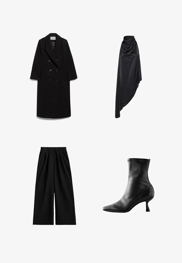 IVY OAK IOCLEMENCE - Mantel - black; Zwarte mouwloze satijnen jurk met hoge geplooide halslijn en asymmetrische zoom, soepel vallende stof met een gladde afwerking.; Zwarte wijduitlopende broek met hoge taille, riemlussen, voorplooien en een nette, gladde stofafwerking.; Zwarte leren enkelboot met een spitse neus, aangesloten ontwerp en een lage, uitlopende hak, met een gladde textuur en minimale stikdetails.