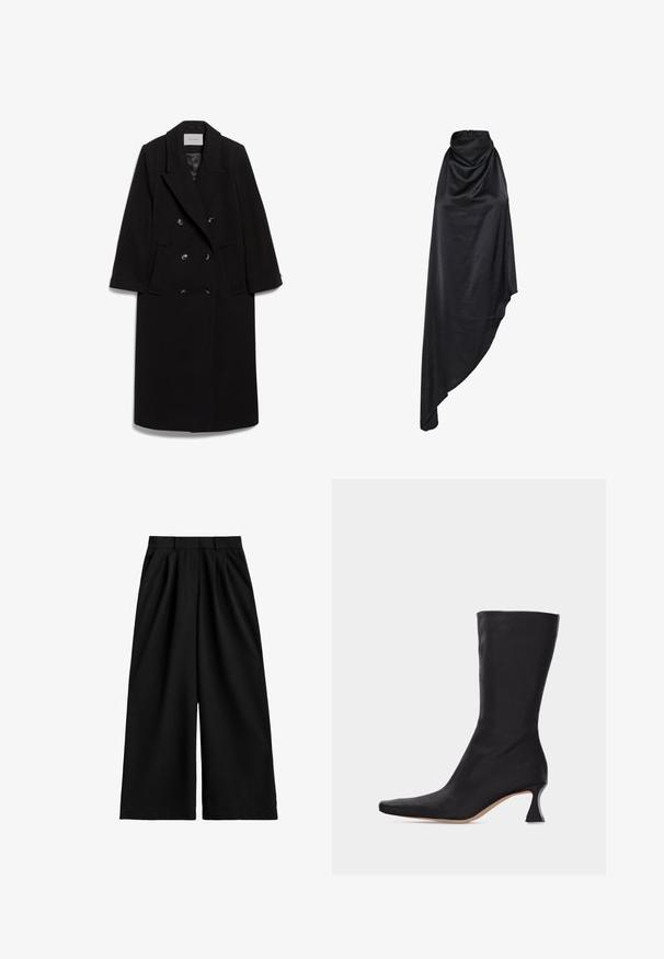 IVY OAK IOCLEMENCE - Klassisk frakke - black; Sort ærmeløs satin kjole med høj draperet halsudskæring og asymmetrisk kant, flydende stof med en glat finish.; Sorte bukser med vide ben og høj talje, udstyret med bæltestropper, frontplisseringer og en ren, glat stoffinish.; Sort læderstøvle, der går til midt på læggen, med spids tå og buet lav hæl, mod en ensartet lys baggrund.