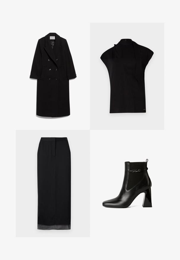 IVY OAK IOCLEMENCE - Klassisk frakke - black; Sort, højhalset top med korte ærmer, der har et asymmetrisk design og et langt halsbånd. Lavet af glat stof med et minimalistisk udtryk.; Lang sort nederdel lavet af glat stof. Har en lige silhuet med en subtil gennemsigtig kant, skræddersyet talje og detail med slids bagpå.; KARL LAGERFELD ASTRA NOVA GORE - Højhælede støvletter - black lthr