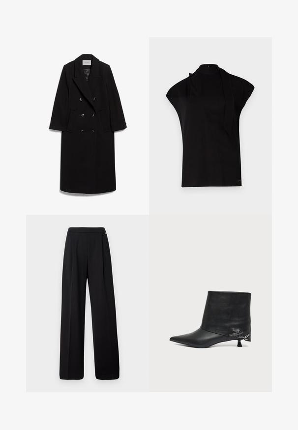 IVY OAK IOCLEMENCE - Klassisk frakke - black; Sort, højhalset top med korte ærmer, der har et asymmetrisk design og et langt halsbånd. Lavet af glat stof med et minimalistisk udtryk.; Sorte bukser med høj talje og vide ben, der har forreste sømme og en glat taljebånd, vist mod en hvid baggrund.; Sort læderankelstøvle med spids tå, kort kittenhæl og sølvfarvet skriftlig detalje nær hælen.