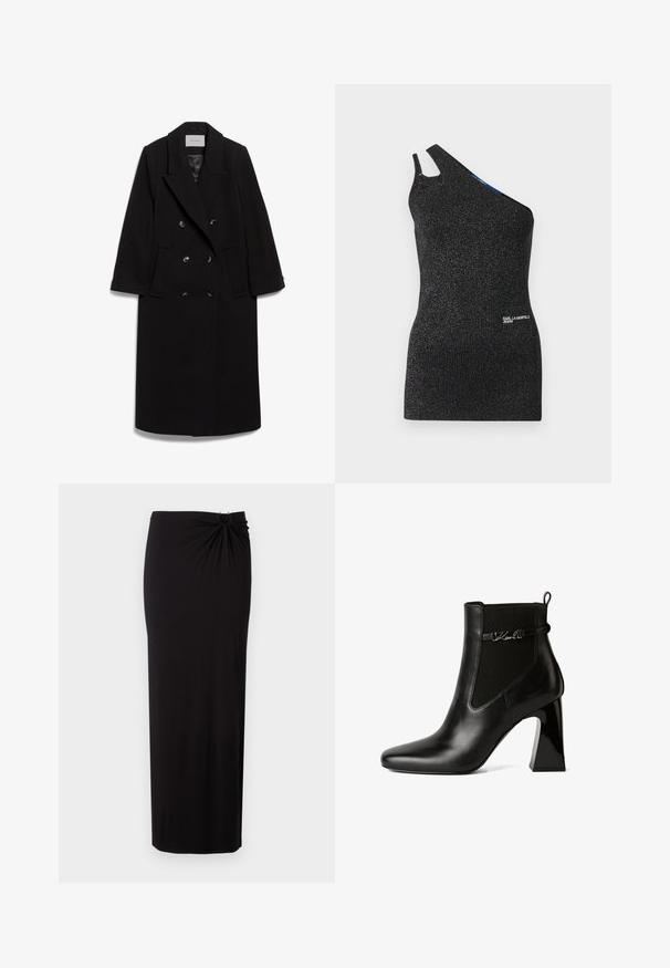 IVY OAK IOCLEMENCE - Klasický kabát - black; Čierny top na jedno rameno vyrobený z textúrovaného materiálu s kovovými vláknami. Má výrez na ramene a detail loga na leme.; Dlhá čierna sukňa so zhrnutým detailom a malým krúžkom v páse, rovný strih, jednofarebná látka, dĺžka po zem.; KARL LAGERFELD ASTRA NOVA GORE - Členkové čižmy na vysokom opätku - black lthr