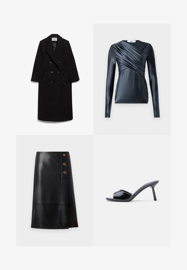 IVY OAK IOCLEMENCE - Klassisk frakke - black; Langærmet top i mørk navy satin med samlede detaljer foran og glat tekstur, der har en rund halsudskæring og tætsiddende silhuet.; Sort lædernederdel med knælængde, der har en sidelukning med tre gyldne knapper og en syningsdetalje nær kanten.; Sorte laklæder sandaletter med åben tå, der har et buet overdesign og en spids stilethæl. Glat, blank finish.