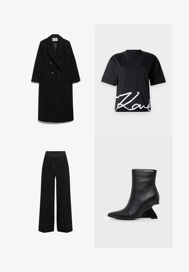 IVY OAK IOCLEMENCE - Manteau classique - black; T-shirt noir à col en V fabriqué à partir d'un tissu doux, avec des manches courtes et une grande impression blanche de signature sur le bas devant.; Pantalons larges noirs avec une ceinture élastique texturée. Caractéristiques de coutures blanches le long des poches et des ourlets. Fini en tissu lisse.; Bottine en cuir noir avec talon sculpté incurvé et logo Karl Lagerfeld près du bord supérieur sur fond blanc.