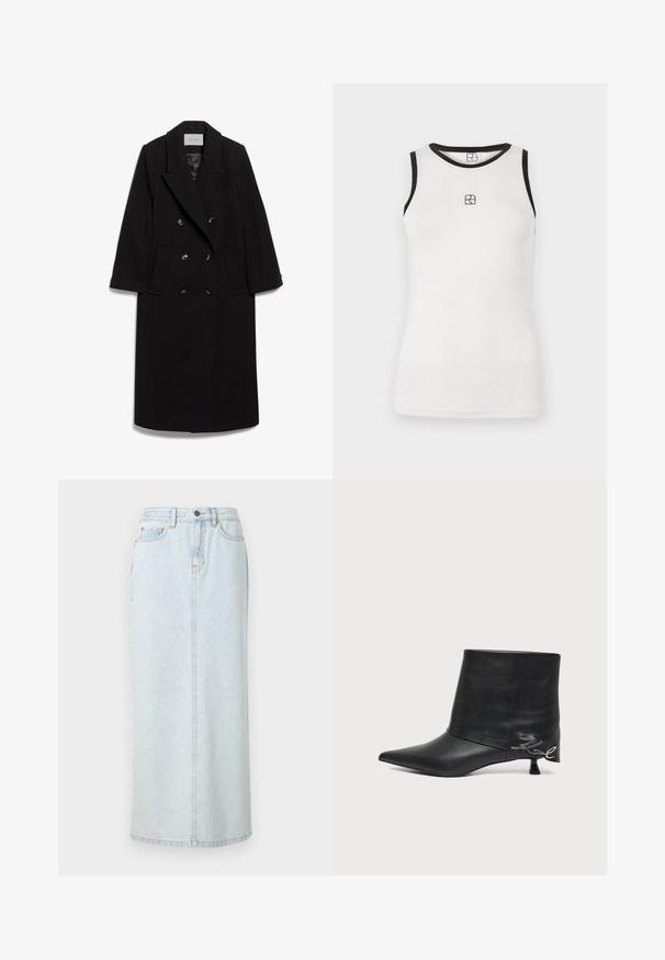 IVY OAK IOCLEMENCE - Klassisk frakke - black; Hvid ærmeløs tanktop med sort kant rundt om halsudskæringen og armhullerne. Har et lille sort logo foran. Blødt bomuldsstof.; Lyseblå denim maxi-nederdel med lige design, frontknaplukning og synlige syninger. Har to frontlommer.; Sort læderankelstøvle med spids tå, kort kittenhæl og sølvfarvet skriftlig detalje nær hælen.