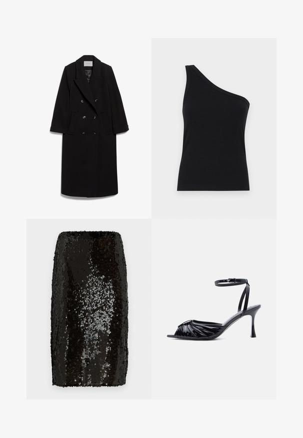IVY OAK IOCLEMENCE - Manteau classique - black; Débardeur noir à côtes à une épaule, avec un design ajusté et une texture douce. Présente une coupe épurée et minimale ainsi qu'un col lisse.; Jupe crayon en sequins noirs avec un design ajusté. Présente des sequins denses et réfléchissants créant une surface texturée. Doublure intérieure lisse.; Sandale à talon haut en cuir verni noir avec bout ouvert, devant froncé et bride de cheville réglable avec boucle.