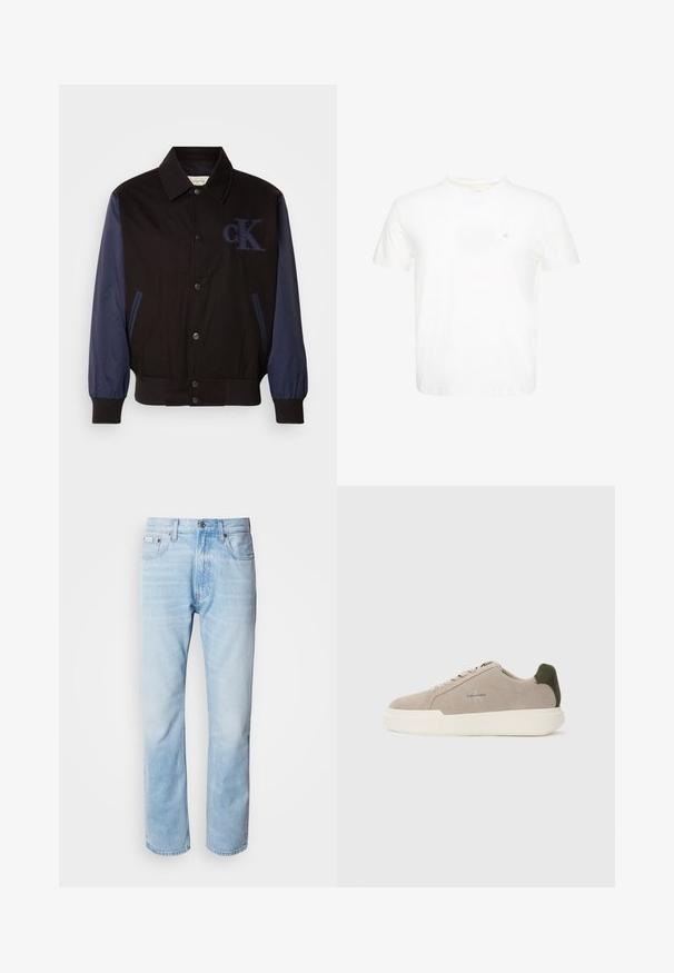 Veste noire avec manches bleu marine, fermeture à boutons et logo "cK" brodé. Dotée d'un col et de poignets élastiqués pour un look ajusté.; T-shirt blanc à manches courtes et col rond avec un petit logo "ck" brodé sur la poitrine gauche.; Jean en denim bleu clair, à coupe droite, avec des sections décolorées, design à cinq poches et fermeture à bouton classique.; Baskets en suède beige avec une semelle en caoutchouc blanche, présentant un accent de talon vert foncé et une branding subtile sur le côté.