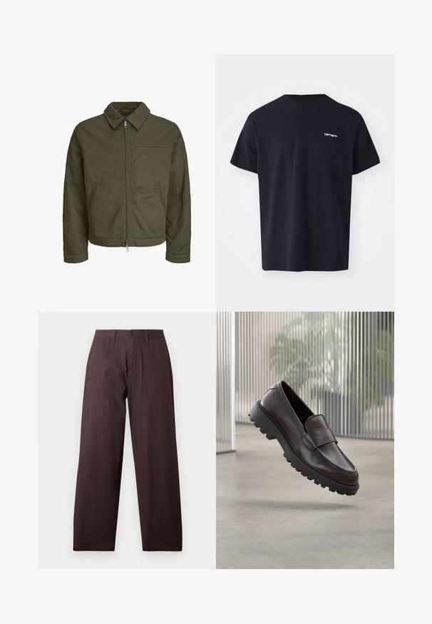 Olivgrüne Zip-Jacke mit Kragen, zwei Seitentaschen, einer Brusttasche und langen Ärmeln.; Schwarzes Baumwoll-T-Shirt mit kurzen Ärmeln, Rundhalsausschnitt und einem dezenten weißen Logo im linken Brustbereich. Glatte Textur, normale Passform.; Wrangler WORK PANT - Stoffhose - mole; Brauner Leder-Schlupfschuh mit abgerundetem Zehenbereich und einer robusten schwarzen Gummisohle. Verfügt über einen dekorativen Riemen über dem Spann.