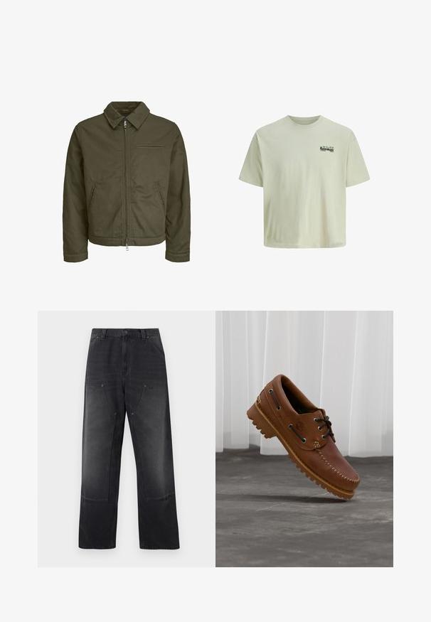 Olivgrüne Zip-Jacke mit Kragen, zwei Seitentaschen, einer Brusttasche und langen Ärmeln.; Hellbeiges T-Shirt mit kurzen Ärmeln und kleinem grünem "Kenrokuen Kanazawa Garden" Schriftzug auf der linken Brust, einfarbiger Hintergrund.; Schwarze Jeans mit weitem Bein, vorderen aufgesetzten Taschen, Gürtelschlaufen sowie Knopf- und Reißverschluss.; Brauner Leder-Bootsschuh mit schwarzen Schnürsenkeln, beigen Nähten und einer robusten Sohle, schwebt über einem grauen Betonboden.