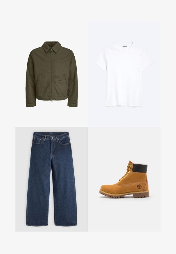 Chaqueta de cremallera verde oliva con cuello, dos bolsillos laterales, un bolsillo en el pecho y mangas largas.; Camiseta blanca lisa de cuello redondo y manga corta con una etiqueta visible de la marca WEEKDAY en el cuello, mostrada sobre un fondo claro.; Vaqueros vaqueros azul oscuro de pierna ancha con bolsillos delanteros, cierre de botones y trabillas para cinturón, extendidos sobre un fondo claro.; Botín de cuero marrón con ojales de metal, forro de piel sintética blanca, cuello acolchado negro, suela resistente y logotipo en relieve en el costado.