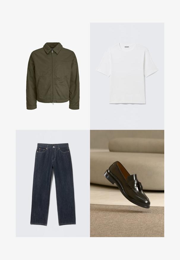 Olivgrüne Zip-Jacke mit Kragen, zwei Seitentaschen, einer Brusttasche und langen Ärmeln.; Schlichtes weißes T-Shirt mit kurzen Ärmeln und Rundhalsausschnitt, mit einem kleinen "WEEKDAY"-Etikett an der Innenseite des Rückenkragens, auf einer flachen Oberfläche liegend dargestellt.; Dunkelblaue Jeans aus Denim mit geradem Schnitt, Gürtelschlaufen, Taschen vorne und hinten sowie kontrastierenden Nähten. Keine sichtbaren Muster oder Verzierungen.; Schwarzer Ledertasselloafer, der über einem beigen Teppich schwebt, im Hintergrund ein beiges Sofa.