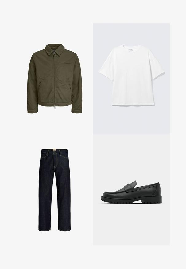 Chaqueta de cremallera verde oliva con cuello, dos bolsillos laterales, un bolsillo en el pecho y mangas largas.; Camiseta blanca de gran tamaño con mangas cortas, cuello redondo y hombros caídos, plana sobre fondo gris claro.; Vaqueros azul oscuro de pierna recta con costuras amarillas, cierre frontal de botón y cremallera, y diseño de cinco bolsillos.; Mocasines de cuero negro con punta redonda, que cuentan con un diseño cosido, suela de plataforma baja y una suela de goma texturada y con tacos.
