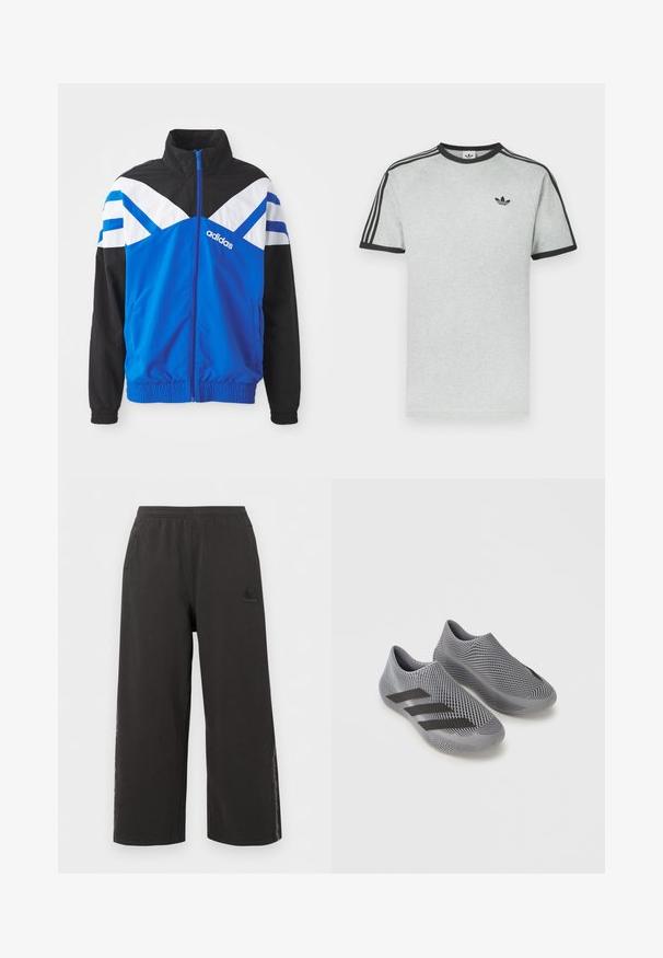 Blaue und schwarze Windbreaker-Jacke mit einem weißen und blauen Chevron-Muster, Reißverschluss, elastischen Bündchen und Seitentaschen. Adidas-Logo angezeigt.; Graues T-Shirt mit schwarzen Akzenten, ausgestattet mit Rundhalsausschnitt und kurzen Ärmeln. Drei schwarze Streifen auf den Schultern, kleines Logo auf der Brust.; Schwarze, weit geschnittene Freizeithose mit elastischem Bund, Seitentaschen und dezentem Logo am linken Oberschenkel.; Paar graue Slip-On Sportschuhe mit schwarzem Streifenmuster und drei schwarzen Adidas-Streifen an der Seite, auf weißem Hintergrund.