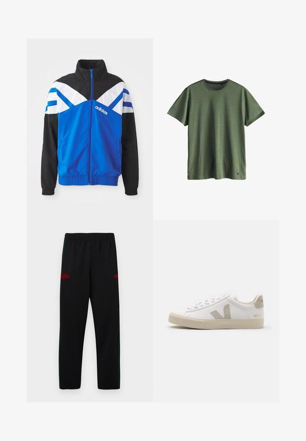 Blaue und schwarze Windbreaker-Jacke mit einem weißen und blauen Chevron-Muster, Reißverschluss, elastischen Bündchen und Seitentaschen. Adidas-Logo angezeigt.; Grünes T-Shirt mit kurzen Ärmeln und Rundhalsausschnitt, mit dezentem geometrischem Muster und kleinem Logo nahe dem unteren Saum vor weißem Hintergrund.; Schwarze Sporthose mit elastischem Bund, grünen Seitenstreifen und rotem eingesticktem Logo auf beiden Seiten. Glattes, leichtes Material.; Weiße Ledersneaker mit beigen Akzenten, flacher Gummisohle, runder Zehenpartie und kontrastierendem Logo an der Seite und Rückseite. Mit Schnürdesign.