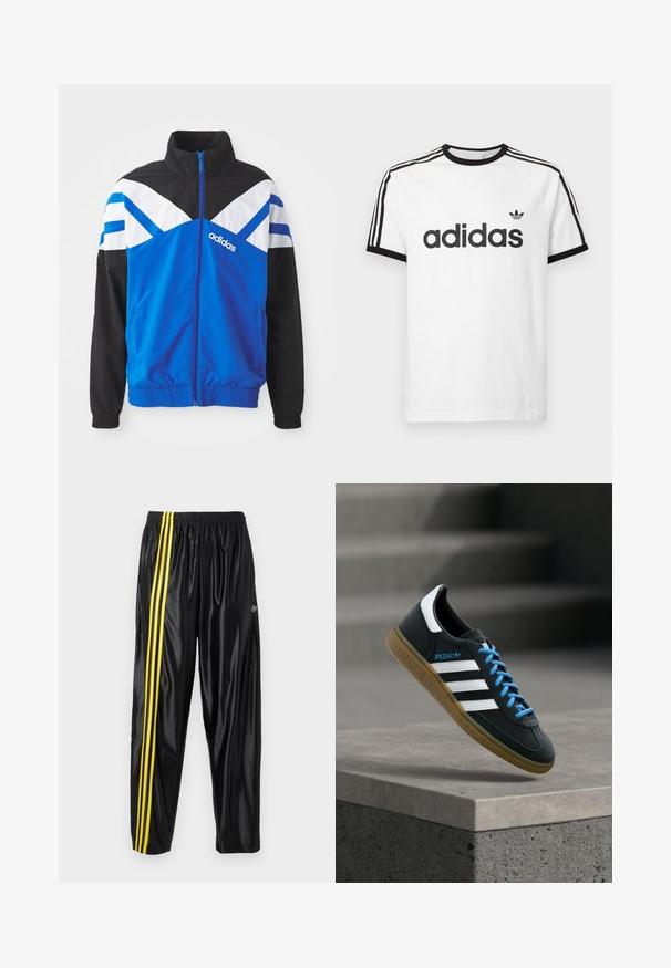 Blaue und schwarze Windbreaker-Jacke mit einem weißen und blauen Chevron-Muster, Reißverschluss, elastischen Bündchen und Seitentaschen. Adidas-Logo angezeigt.; Weißes Baumwoll-T-Shirt mit schwarzem Rundhalsausschnitt und Ärmeln. Verfügt über ein schwarzes Dreistreifen-Design auf den Schultern und ein großes schwarzes "adidas"-Logo auf der Vorderseite.; Schwarze Sporthosen aus glänzendem Material mit elastischem Bund, versehen mit zwei gelben Streifen an den Seiten und einem kleinen Logo.; Schwarzer Adidas-Sneaker mit weißen Streifen, blauen Schnürsenkeln und Gummisohle, der über einer grauen Betontreppe im weichen Licht schwebt.