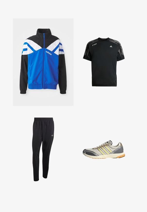 Blaue und schwarze Windbreaker-Jacke mit einem weißen und blauen Chevron-Muster, Reißverschluss, elastischen Bündchen und Seitentaschen. Adidas-Logo angezeigt.; Schwarzes Sport-T-Shirt aus leichtem Material, mit Netzschulterpaneelen, kurzen Ärmeln und weißen adidas- sowie F50-Logos.; Schwarze Sporthose aus leichtem Material mit elastischem Bund und einem kleinen eingeprägten Logo im oberen linken Beinbereich.; Laufschuh mit silbernem Mesh-Obermaterial, gelben Akzenten, grauen Überzügen und einer gemusterten schwarz-weißen, strukturierten Sohle. Verfügt über eine Schnürverschluss.