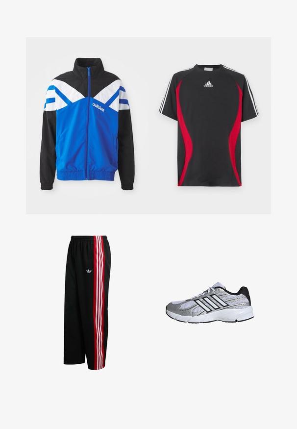Blaue und schwarze Windbreaker-Jacke mit einem weißen und blauen Chevron-Muster, Reißverschluss, elastischen Bündchen und Seitentaschen. Adidas-Logo angezeigt.; Schwarzes kurzärmeliges T-Shirt mit roten Seiteneinsätzen, weißem Adidas-Logo auf der Brust und weißen Schulterstreifen. Hergestellt aus einem glatten Stoff.; Schwarze Mesh-Hose mit weitem Schnitt, roten und weißen Streifen an den Seiten und kleinem weißem Logo auf der linken Seite. Elastischer Bund.; Mesh-Sportschuh in Weiß und Silber mit schwarzen Akzenten, drei weißen Streifen als Logo, gepolstertem Kragen und strukturiertem Gummisohle.