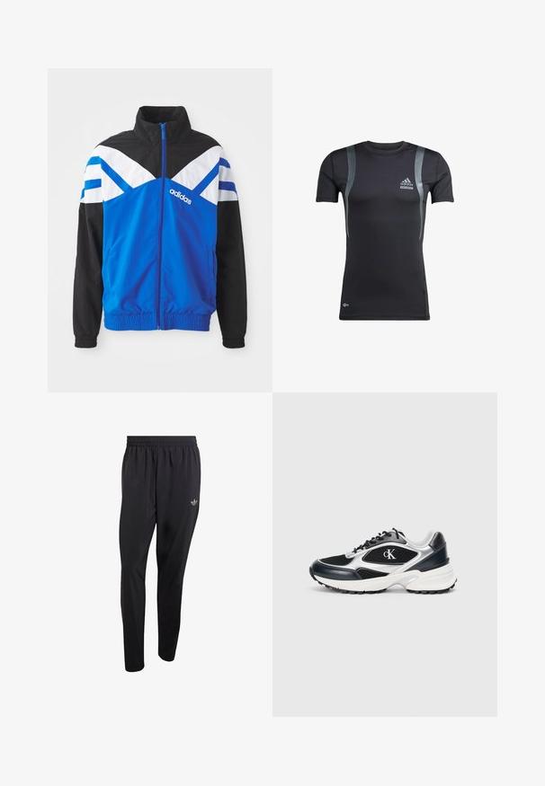 Blå og sort vindjakke med hvid og blå chevronmønster, lynlås lukning, elastiske manchetter og sidelommer. Adidas-logoet vises.; Sort kortærmet træningsskjorte med grå detaljer, lavet af elastisk stof. Har et Adidas-logo på venstre bryst og Techfit-branding.; Sorte atletikbukser lavet af letvægtsmateriale med elastisk taljebånd og et lille præget logo på det øverste venstre benområde.; Sort og sølv atletisk sneakersko med mesh og syntetisk overdel, teksturerede accenter, tykk hvid mellemsål og sort gummisål. Har logo.