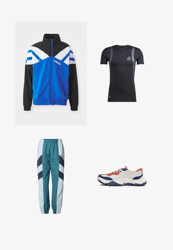 Blauwe en zwarte windbreaker jas met een wit en blauw chevronpatroon, ritsluiting, elastische mouwen en zijzakken. Adidas-logo zichtbaar.; Zwart sportshirt met korte mouwen en grijze accenten, gemaakt van rekbare stof. Bevat een Adidas-logo op de linkerborst en Techfit-branding.; Turkooise en lichtgrijze trainingsbroeken met chevronpatronen, een elastische tailleband, zijzakken en geribbelde boorden bij de enkels.; Sneakers met een bovenwerk van wit leer, oranje en marineblauwe accenten, meerkleurige veters en een dikke marineblauwe rubberen zool met gekartelde groeven.