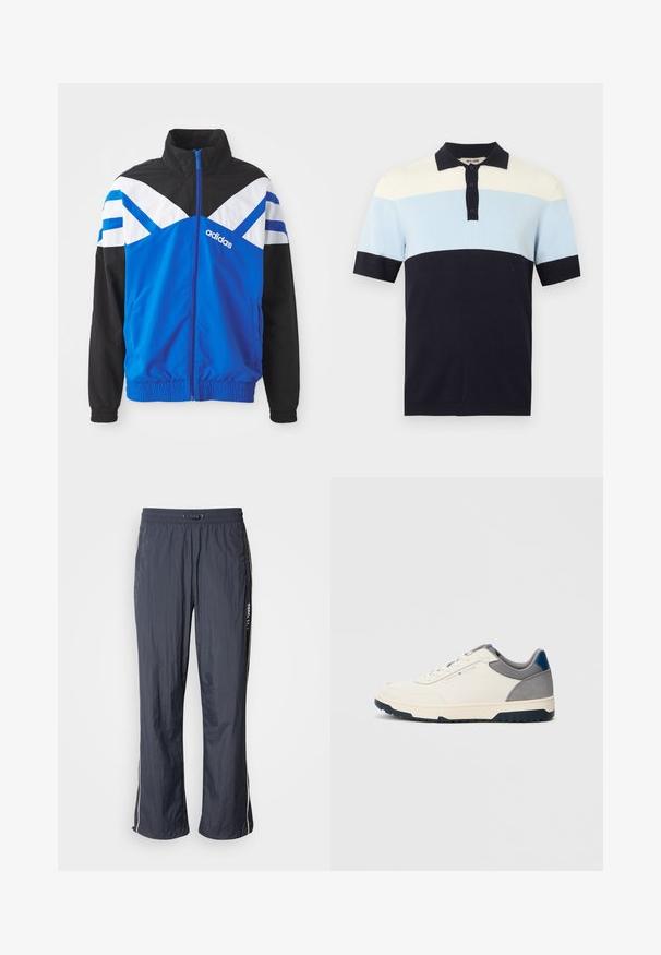 Blå og sort vindjakke med hvid og blå chevronmønster, lynlås lukning, elastiske manchetter og sidelommer. Adidas-logoet vises.; Kortærmet polo shirt med sort krave, tre sorte knapper og farveblokke i creme, lyseblå og sort.; Mørkeblå letvægts løbebukser med elastisk talje, sidelommer og hvide accentstriber på siderne. Glat tekstur.; Hvid lavtopsneaker med grå og blå accenter, tekstureret hæl, snørelukning og Tommy Hilfiger-logo på siden.