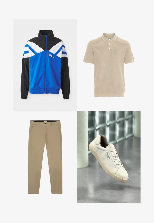 Blaue und schwarze Windbreaker-Jacke mit einem weißen und blauen Chevron-Muster, Reißverschluss, elastischen Bündchen und Seitentaschen. Adidas-Logo angezeigt.; Beige Polo-Shirt mit kurzen Ärmeln aus strukturiertem Stoff mit geripptem Design, ausgestattet mit einem Kragen und drei weißen Knöpfen an der Knopfleiste.; Beige Chinos aus glattem Baumwollstoff, mit geradem Bein, einem Knopfverschluss und zwei Seitentaschen. Dezente Nähdetails.; Weißer Canvas-Sneaker mit beiger Sohle und Schnürsenkeln, "AllSaints London" Logo an der Seite, schwebend über einem grauen, polierten Boden in der Nähe von Glasblöcken.