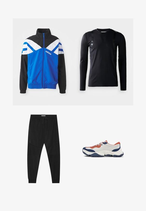 Blå og sort vindjakke med hvid og blå chevronmønster, lynlås lukning, elastiske manchetter og sidelommer. Adidas-logoet vises.; Sort langærmet træningsskjorte lavet af glat, strækbart stof. Har glansfulde sorte detaljer på skuldrene og et Adidas-logo på brystet.; Sorte træningsbukser lavet af tekstureret stof, med justerbar talje, lynlåslomme på siden og tapered cuffs.; Sneakers med en overdel i hvid læder, orange og marineblå detaljer, flerfarvede snørebånd og en tyk marineblå gummisål med teksturerede riller.