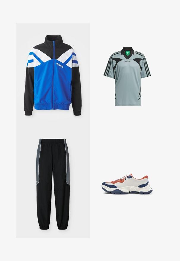 Blaue und schwarze Windbreaker-Jacke mit einem weißen und blauen Chevron-Muster, Reißverschluss, elastischen Bündchen und Seitentaschen. Adidas-Logo angezeigt.; Himmelblaues Kurzarmhemd mit schwarzen Akzenten und Designs, mit einem schwarzen Kragen und drei schwarzen Streifen auf jeder Schulter. Markenlogo innen im Kragen.; Schwarze Jogginghosen mit dunkelgrauen Seitenpaneelen und weißer Paspelierung, elastischem Bund und Bündchen, vor weißem Hintergrund gezeigt.; Sneaker mit einem Obermaterial aus weißem Leder, orangefarbenen und marineblauen Akzenten, mehrfarbigen Schnürsenkeln und einer dicken Gummisohle in Marineblau mit strukturierten Rillen.