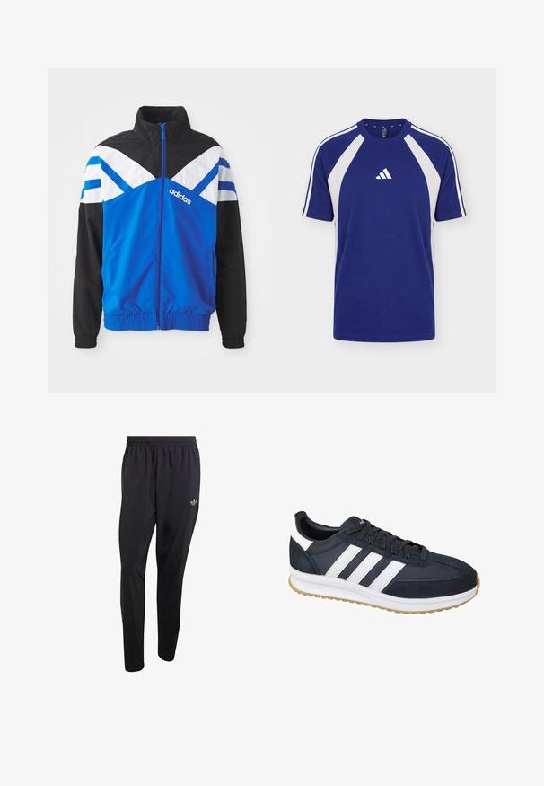 Blauwe en zwarte windbreaker jas met een wit en blauw chevronpatroon, ritsluiting, elastische mouwen en zijzakken. Adidas-logo zichtbaar.; Blauw-wit sport T-shirt met korte mouwen, ronde hals en Adidas-logo middenvoor.; Zwarte sportbroek gemaakt van lichtgewicht materiaal, voorzien van een elastische tailleband en een klein reliëflogo op het bovenste gedeelte van het linkerbeen.; Donkerblauw suède en stoffen sneaker met witte strepen, rubberen zool en zwarte veters. Kenmerkt zich door een ronde neus en een zachte voering.
