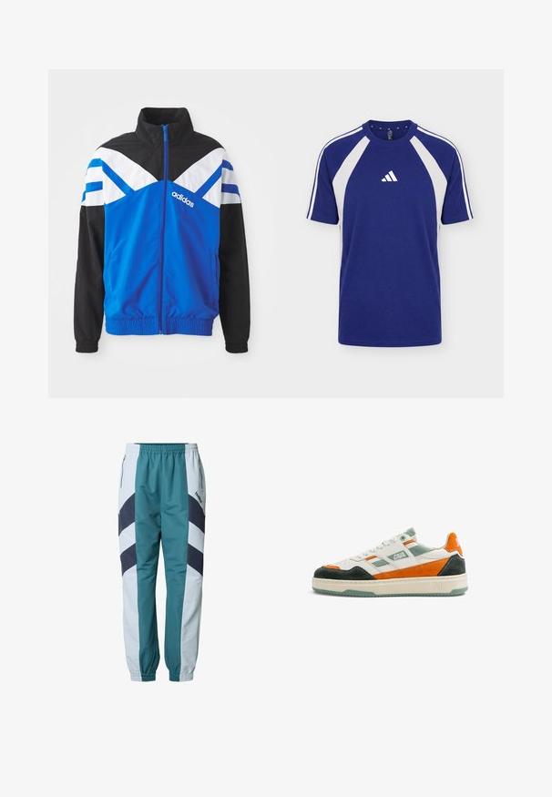 Blaue und schwarze Windbreaker-Jacke mit einem weißen und blauen Chevron-Muster, Reißverschluss, elastischen Bündchen und Seitentaschen. Adidas-Logo angezeigt.; Blau-weißes Sport-T-Shirt mit kurzen Ärmeln, Rundhalsausschnitt und Adidas-Logo in der vorderen Mitte.; Grünblaue und hellgraue Trainingshose mit Chevron-Mustern, elastischem Bund, Seitentaschen und gerippten Bündchen an den Knöcheln.; Weißer Sneaker mit grünen, orangefarbenen und schwarzen Wildlederakzenten, weißen Schnürsenkeln, "CAVAL" Logo an der Seite und beiger Sohle mit grünem Profil.