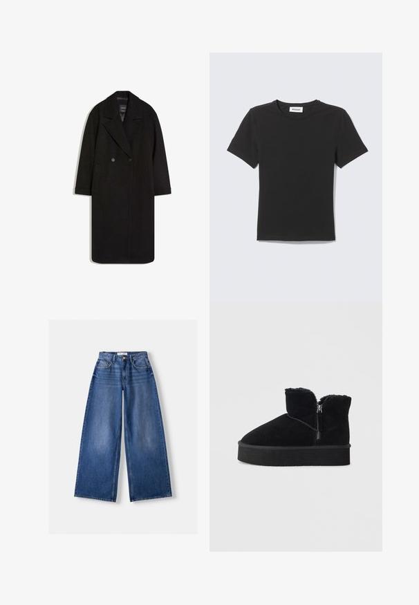 Manteau en mélange de laine noire avec un devant à double boutonnage, grand col à revers, poches latérales, manches longues et silhouette droite.; T-shirt noir à manches courtes col rond posé à plat avec une petite étiquette blanche à l'intérieur du col sur un fond clair.; Jeans en denim bleu à jambes larges avec poches avant, passants de ceinture et fermeture par bouton, posés à plat sur un fond clair.; Bottes chelsea en suede noir avec une fermeture éclair, bordure en fausse fourrure douce en haut, et une semelle en caoutchouc noir épaisse. Texture lisse sans motifs visibles.