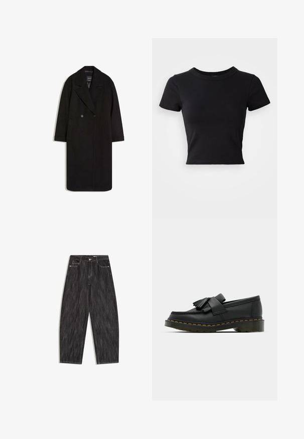 Manteau en mélange de laine noire avec un devant à double boutonnage, grand col à revers, poches latérales, manches longues et silhouette droite.; T-shirt noire courte en coton solide, à manches courtes et col rond, avec un design lisse et simple.; Jean en denim noir avec coupe large, design cinq poches, surpiqûres blanches visibles et fermeture à bouton à la taille.; Mocassins en cuir noir avec un bout rond, présentant un détail à franges et une bande décorative à l'avant, montés sur un talon épais.