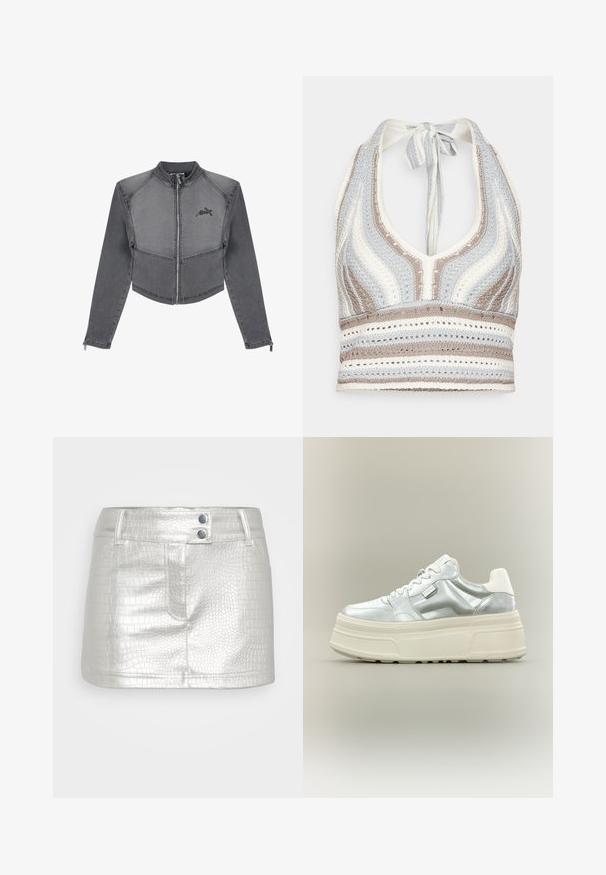 Afskåret grå denimjakke med høj krave, lynlåslukning og logodetalje på brystet. Har kontraststing og tætsiddende ærmer.; Hæklet halterneck-top med lyseblå, beige og hvide striber, dyb V-halsudskæring og knyttet ryg. Åben vævet tekstur hele vejen igennem.; Sølvfarvet, kunstlæder nederdel med et tekstureret krokodillemønster, der har to blå knapdetaljer og en tætsiddende pasform.; Kraftig platform-sneaker med metallic sølv overdel, hvide snørebånd og tyk cremefarvet tekstureret sål, vist i sideprofil på neutral baggrund.