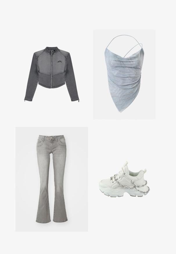 Afskåret grå denimjakke med høj krave, lynlåslukning og logodetalje på brystet. Har kontraststing og tætsiddende ærmer.; Lyseblå asymmetrisk halternecktop med tynde stropper, prydet med små gyldne og sølvfarvede cirkler i et spredt mønster.; Grå flagrende jeans med en middelhøj talje, frontlommer og knaplukning, lavet af denimstof med en glat tekstur.; Chunky hvid sneaker med en glat læderoverdel, snørebånd, gummisål og en dekorativ kæde med perler omkring anklen.