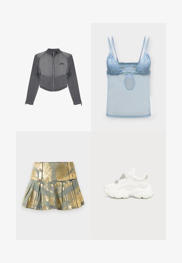 Afskåret grå denimjakke med høj krave, lynlåslukning og logodetalje på brystet. Har kontraststing og tætsiddende ærmer.; Lyseblå blonde bralette med dobbelte tynde skulderstropper og mesh-stof under brystet, med en lille oval udskæring i midten.; Gul og teal plisseret denimnederdel med en blank overflade, der har en tætsiddende talje og kontrasterende syninger.; Hvid chunky sneaker med tyk tekstureret sål, sølvstjerne og sommerfugledekorationer på hvide snørebånd og sølvnitter på hælremmen.