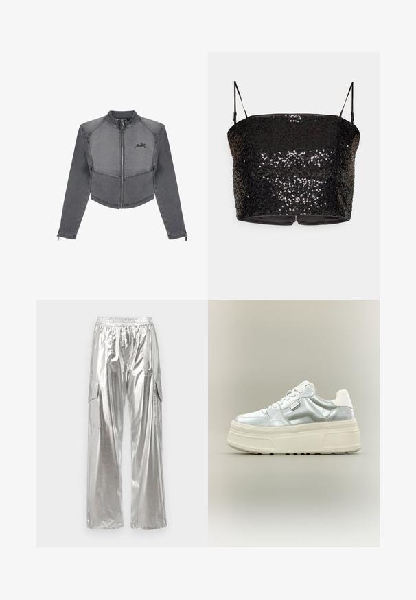 Afskåret grå denimjakke med høj krave, lynlåslukning og logodetalje på brystet. Har kontraststing og tætsiddende ærmer.; Sort, pailletteret crop top med tynde justerbare stropper, der har en tætsiddende pasform og en lynlås-lukning bagpå. Glat inderside.; MCM METALLIC PANTS - Cargobukser - silver; Kraftig platform-sneaker med metallic sølv overdel, hvide snørebånd og tyk cremefarvet tekstureret sål, vist i sideprofil på neutral baggrund.