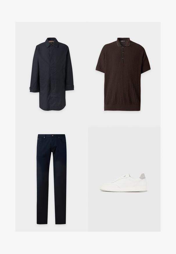 Σκούρο ναυτικό μπλε ανδρικό μακρύ παλτό με γιακά, μανσέτες με κουμπιά, δύο πλαϊνές τσέπες και κρυφά κουμπιά μπροστά.; Σκούρο καφέ πλεκτό πόλο κοντομάνικο με υφή σε σχήμα ψαροκόκαλου και τρία κουμπιά στην μπροστινή λωρίδα.; Παντελόνι σε στενή γραμμή σε σκούρο μπλε ναυτικό χρώμα με εμπρόσθιες τσέπες, θηλιές για ζώνη και κλείσιμο με κουμπί στη μέση, εμφανίζεται επίπεδα σε ανοιχτό φόντο.; Λευκό αθλητικό παπούτσι χαμηλού ύψους με γκρι ταμπ εφφέ στη φτέρνα, λευκά κορδόνια και υφή στη σόλα, απεικονιζόμενο σε απλό ανοιχτόχρωμο φόντο.