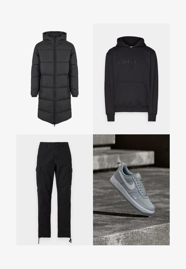 Zwarte pufferjas met capuchon, voorzien van een lang model, doorgestikte structuur, ritssluiting aan de voorkant en zijzakken voor warmte en functionaliteit.; Carhartt WIP HOODED - Hoodie - black; Zwarte cargo broek met rechte pijpen, voorste knoop en rits, zijflapzakken, riemlussen en verstelbare enkelkoorden.; Grijze Nike Air Force 1 sneaker met wit swoosh-logo, zwevend boven een getextureerd betonnen oppervlak met trappen op de achtergrond.