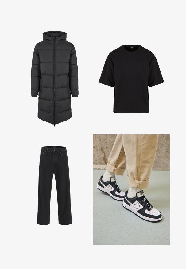 Čierny prešívaný kabát s kapucňou, s dlhým strihom, prešívanou textúrou, predným zipsom a bočnými vreckami pre teplo a využiteľnosť.; Urban Classics SCUBA TEE - Základné tričko - black; Čierne oblečené džíny s rovnou nohavicou, so zapínaním na gombík a zips, pútkami na opasok a prednými a zadnými vreckami.; Čierno-biele tenisky Nike Air Force 1 s koženým zvrškom, perforovanou špičkou a textúrovanou podrážkou, kombinované s ohrnutými béžovými nohavicami a bielymi ponožkami.