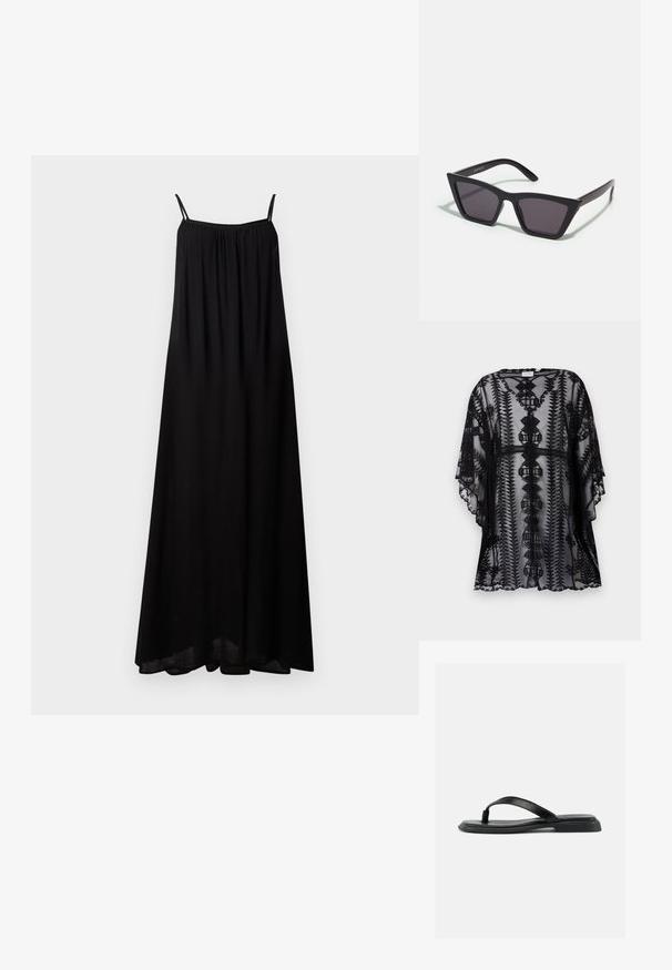 Kimono de encaje negro con bordados intrincados, que presenta un corte relajado, mangas cortas y bordes festoneados, mostrando patrones geométricos.; Vestido maxi negro con finas tirantes de espagueti, escote fruncido, tela fluida y un dobladillo ligeramente curvado. Material ligero con una textura suave.; Sandalia plana negra tipo tanga con tira texturizada y tacón ligeramente elevado, mostrada de perfil sobre un fondo liso claro.; Gafas de sol negras y angulares con lentes grises; fabricadas en plástico, con varillas gruesas de superficie suave y sin herrajes visibles.