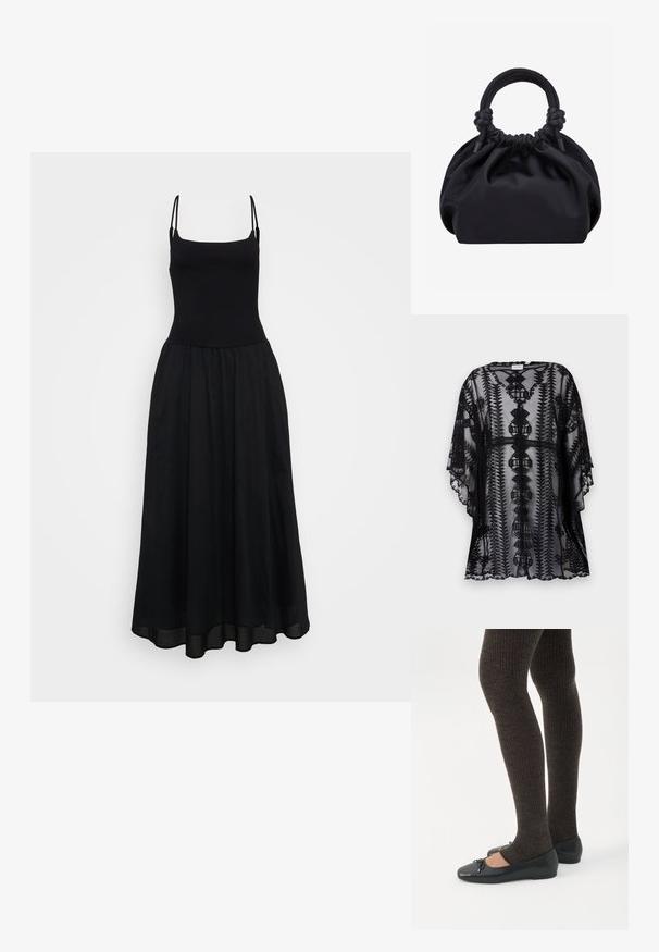 Kimono de encaje negro con bordados intrincados, que presenta un corte relajado, mangas cortas y bordes festoneados, mostrando patrones geométricos.; Vestido negro sin mangas con un corsé ajustado y una falda fluida hasta los tobillos. Hecho de una tela ligera con una textura suave.; Piernas con leggings oscuros acanalados combinados con bailarinas negras que presentan pequeños detalles de lazo sobre un fondo blanco.; Bolso de mano de tela negra suave con parte superior fruncida y asas acolchadas circulares atadas con nudos a cada lado.