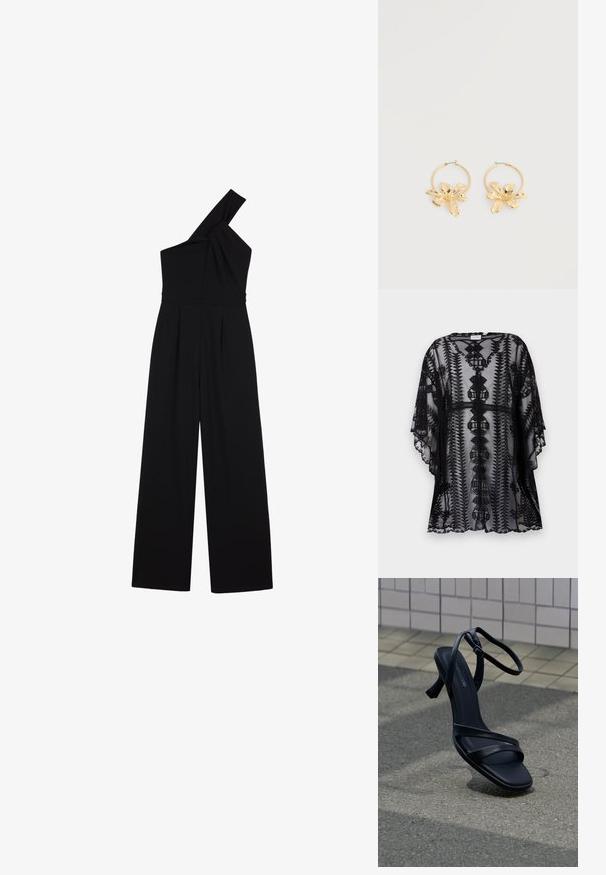 Mustmustest mustrid uhkavad mustrihikemoon, millel on keerukas tikand, lõdva lõike, lühikeste varrukate ja erinevate lainetega äärtega, mis näitavad geomeetrilisi mustreid.; Anna Field by Zalando Lühikeste varrukatega bodi - black; Mustad rihmikud kontsakingadega ja pahkluu pandlaga, hõljuvad tekstuurse halli kõnnitee kohal, taustal plaatidest sein.; Kuldne rõngaskujuliste suurete tekstuursete lillekujuliste ripatsitega kõrvarõngad, valgel ühtlasel taustal eksponeeritud.