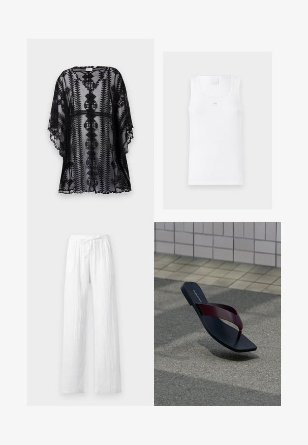 Sort blondel lace kimono med detaljeret broderi, der har en afslappet pasform, korte ærmer og bølgede kanter, som viser geometriske mønstre.; Hvid ribbet tanktop med firkantet halsudskæring, tynde stropper og et lille broderet logo på brystet. Blødt bomuldsstof.; Hvide lette linnedbukser med snøre i taljen og lige ben, vist på en ensfarvet baggrund.; En enkelt sort klipklap med en mørkerød rem, der svæver over en grå asfaltflade med beige flisebelægning i baggrunden.