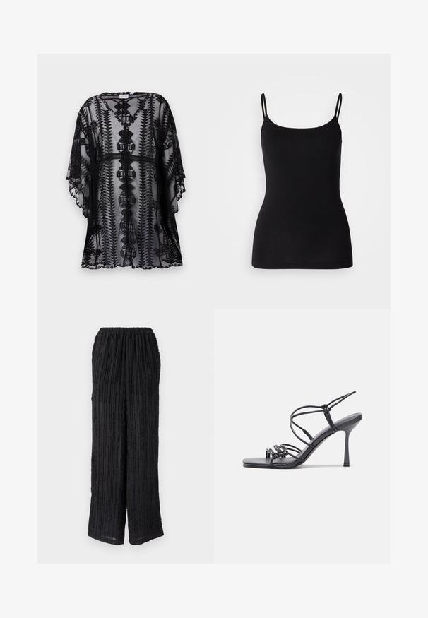 Black lace kimono with intricate embroidery, featuring a relaxed fit, short sleeves, and scalloped edges, showcasing geometric patterns.; Black camisole top with thin adjustable straps, smooth stretch fabric, and a fitted silhouette. No patterns or embellishments.; Black wide-leg pants with textured stripe patterns, elastic waistband, and lightweight fabric. Casual design ideal for relaxed wear.; Black high-heeled sandals feature thin straps with a knotted design, a smooth square toe, and a sleek stiletto heel.