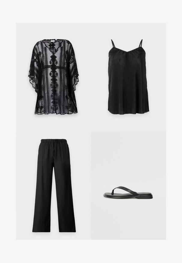 Kimono de encaje negro con bordados intrincados, que presenta un corte relajado, mangas cortas y bordes festoneados, mostrando patrones geométricos.; Top de tirantes finos ajustables en color negro, con pliegues verticales y una textura suave, diseñado con un dobladillo recto y un corte relajado.; Pantalones de pierna ancha negros, elaborados con un tejido ligero, que cuentan con una cinturilla elástica con cordón y una textura suave.; Chancla negra de piel suave, con un diseño de tira delgada y una suela plana de perfil mínimo. Sin patrones ni acentos notables.