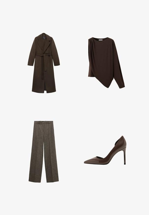 Manteau en laine marron avec un grand col cranté, des manches longues et une taille ceinturée. Présente des lignes épurées et un design à ouverture frontale.; Haut asymétrique marron foncé à manches longues avec un col rond et un détail froncé sur une épaule.; Pantalon large marron avec plis à l'avant, passants de ceinture et tissu texturé.; Escarpin à talon aiguille en cuir verni marron, avec bout pointu et côtés ajourés, présentant une finition brillante et un talon haut et fin.