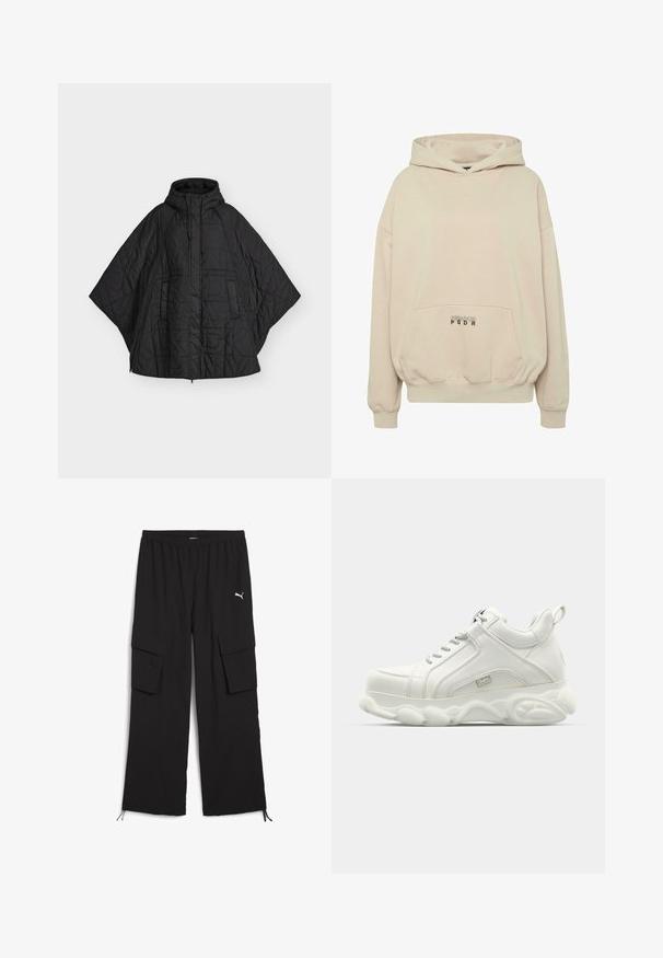 Poncho matelassé noir avec capuche, fermeture éclair devant et poches latérales, conçu pour la chaleur et la couverture.; Sweat à capuche beige avec une poche avant, des poignets côtelés et une capuche à cordon. Texte "PECADOR PGDR" imprimé sur la zone de la poche.; Pantalons cargo noirs avec une conception à jambes larges, taille élastique, deux poches latérales et ourlets à cordon de serrage. Présente un petit logo blanc.; Baskets blanches de sport avec une tige en cuir lisse, une semelle arrondie et un accent texturé. Comprend des lacets et une languette à l'arrière.