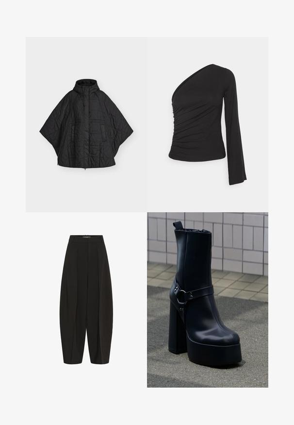 Poncho matelassé noir avec capuche, fermeture éclair devant et poches latérales, conçu pour la chaleur et la couverture.; Haut asymétrique à manches longues en noir, avec un côté froncé pour une texture et une silhouette ajustée. Fabriqué en matériau doux et extensible.; Pantalon noir taille haute à jambes larges avec plis et passants pour ceinture, doté d'une coupe décontractée et d'une longueur raccourcie.; Bottine à plateforme en cuir noir avec talon haut épais et sangle décorative, posée sur un trottoir gris devant un mur carrelé.