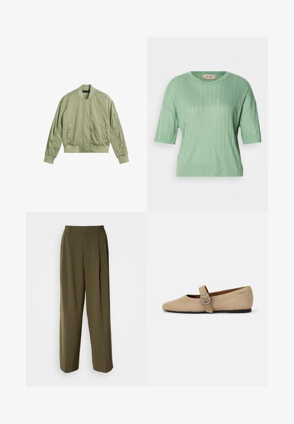 Veste bomber vert clair avec une poche zippée sur la manche gauche, un col et des poignets côtelés, et une finition lisse et mate. Fit ajusté avec des poches latérales.; Pull court vert menthe à manches courtes avec une texture côtelée, un col rond et une coupe légèrement ample. Présente un petit accent logo sur le côté.; Pantalons à jambes larges vert olive en tissu lisse, dotés d'une taille haute, de plis sur le devant et de poches latérales pour plus de fonctionnalité.; Ballerines en daim beige de style Mary Jane avec un bout pointu et une seule sangle réglable dotée d'une boucle en métal argenté. Semelle plate noire.
