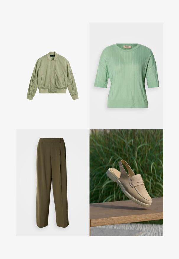Veste bomber vert clair avec une poche zippée sur la manche gauche, un col et des poignets côtelés, et une finition lisse et mate. Fit ajusté avec des poches latérales.; Pull court vert menthe à manches courtes avec une texture côtelée, un col rond et une coupe légèrement ample. Présente un petit accent logo sur le côté.; Pantalons à jambes larges vert olive en tissu lisse, dotés d'une taille haute, de plis sur le devant et de poches latérales pour plus de fonctionnalité.; Mocassin slingback beige en daim avec semelle blanche reposant sur un banc en bois sur un fond d’herbes hautes et vertes.